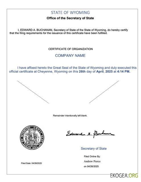 Modèle Word et PDF de certificat d'organisation du Wyoming aux États Unis